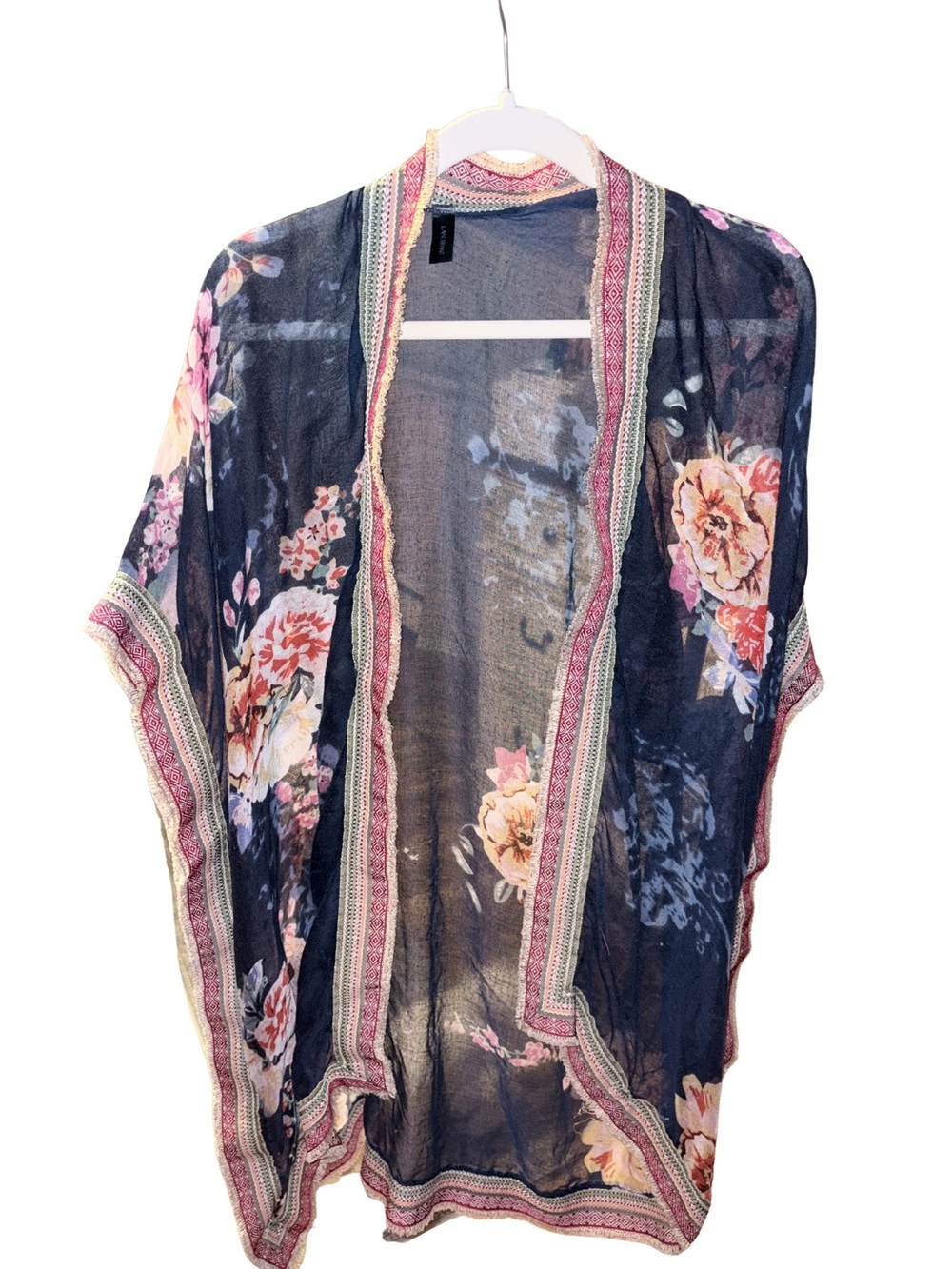 OSFM Lane Bryant Navy Floral Sheer Kimono Shrug, Pink and Peach Blooms Read Note